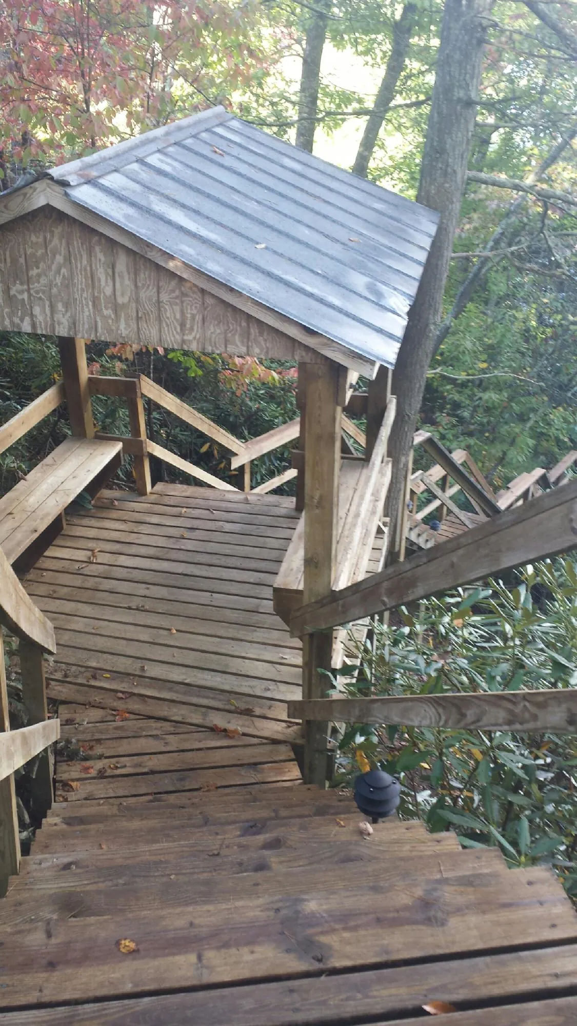 Metal roofed shelter over wooden steps on a wooded walkway — Skylight Repair & Installation work by our crew in Lobelville